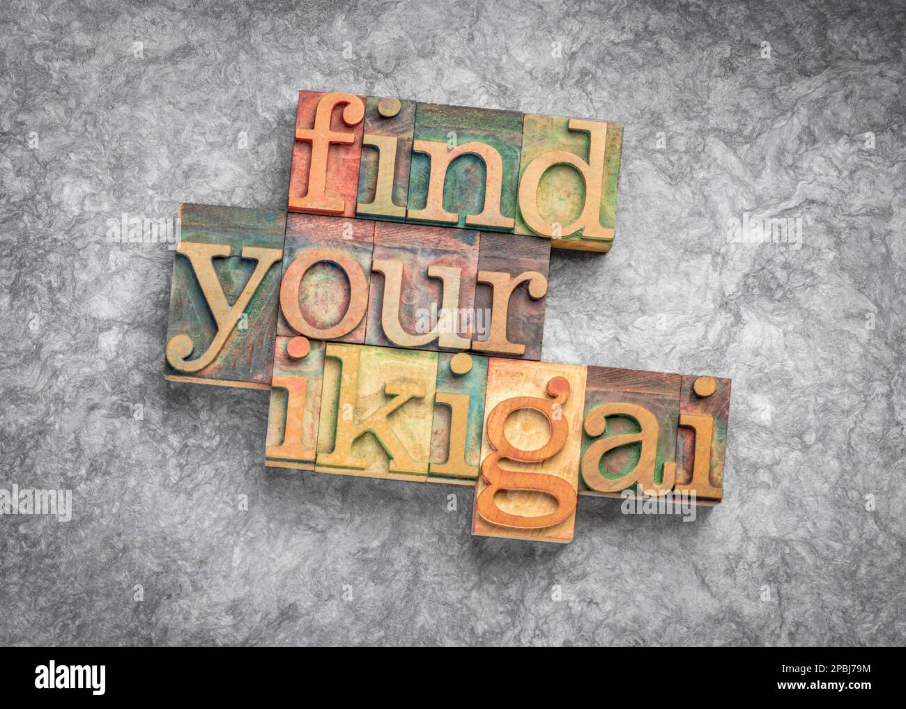 find your ikigai word abstract in letterpress wood type Japanese concept of a reason for being