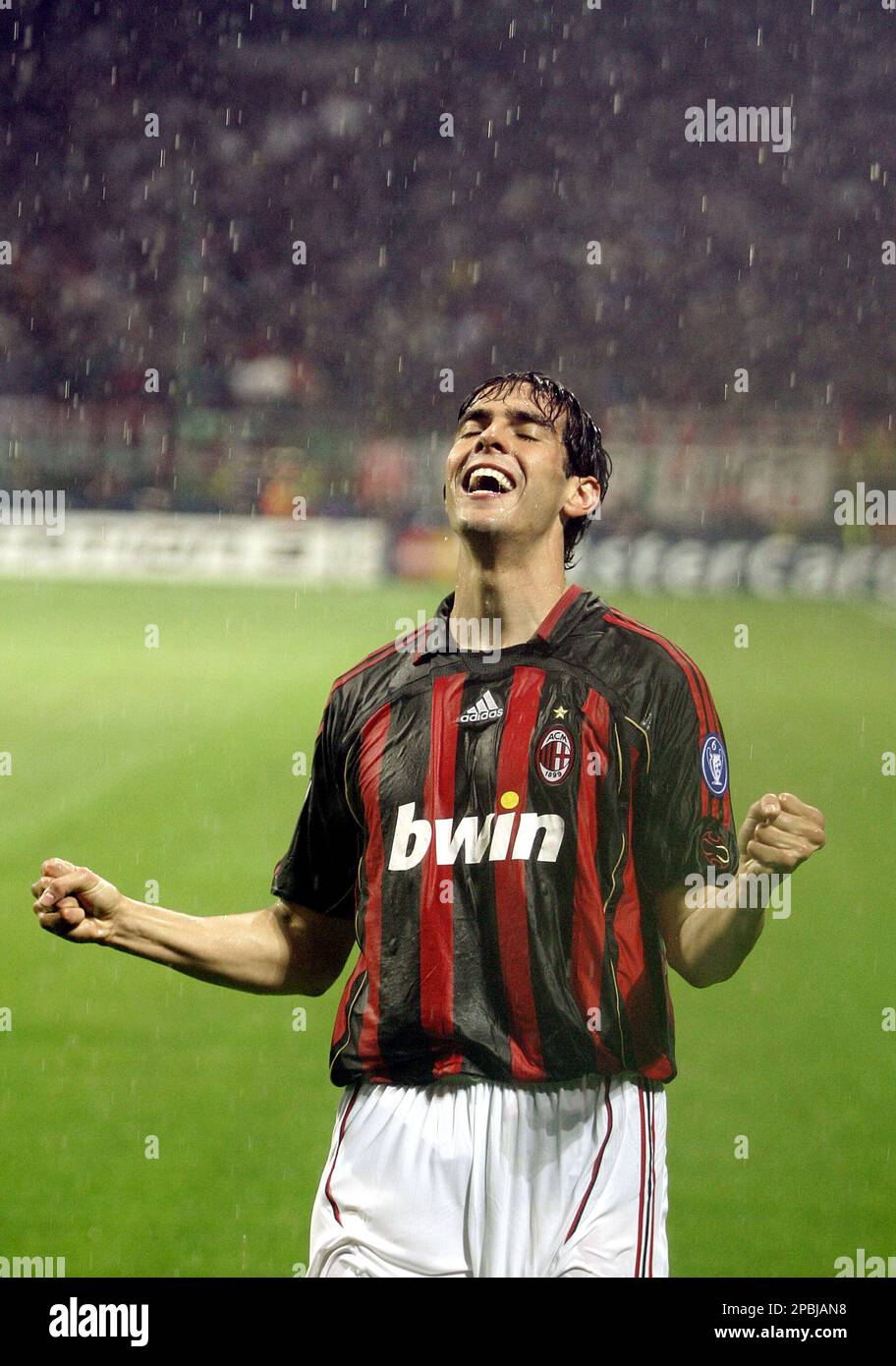 AC Milan's Kaka reacts after scoring during a Champions League semifinal  second leg soccer match between AC Milan and Manchester United, at the San  Siro stadium in Milan, Italy, Wednesday, May 2,