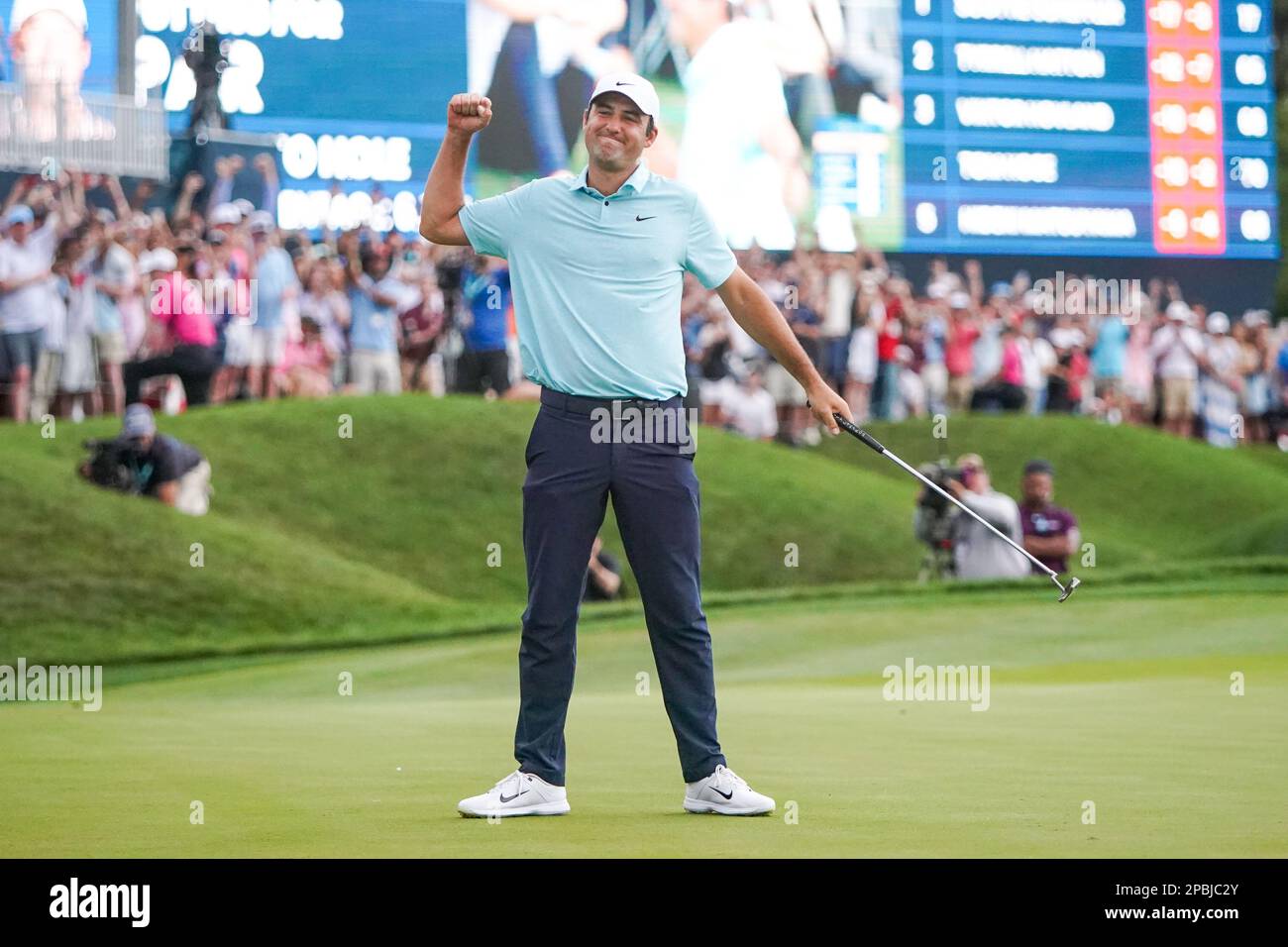 Ponte Vedra Beach, Florida, USA. 12th Mar, 2023. Scottie Scheffler reacts after putting the 18th green and winning the PLAYERS Championship 2023 at TPC Sawgrass. (Credit Image: © Debby Wong/ZUMA Press Wire) EDITORIAL USAGE ONLY! Not for Commercial USAGE! Stock Photo