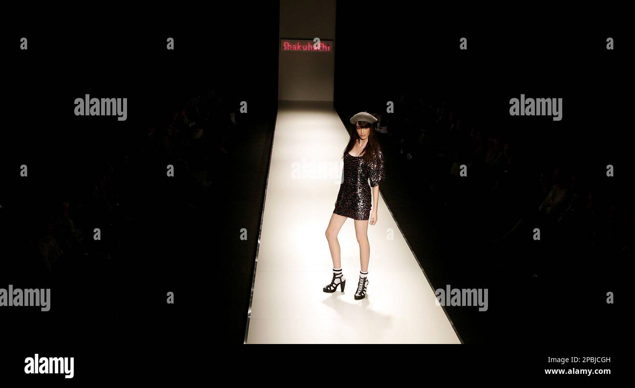 A model poses wearing clothes from designer Shakuhachi during Australia