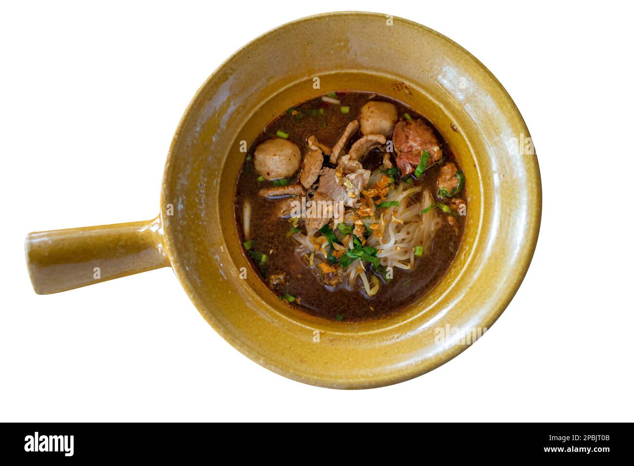 Chinese clear soup and Beef noodle in ceramic bowl, die cut on white