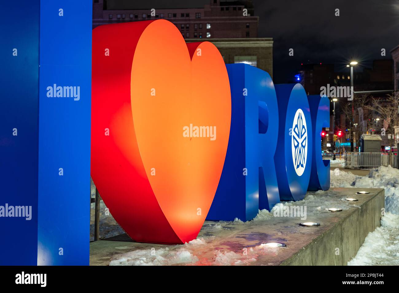 Early morning photo of the I love heart Rochester sign located in the city Rochester NY. Stock Photo