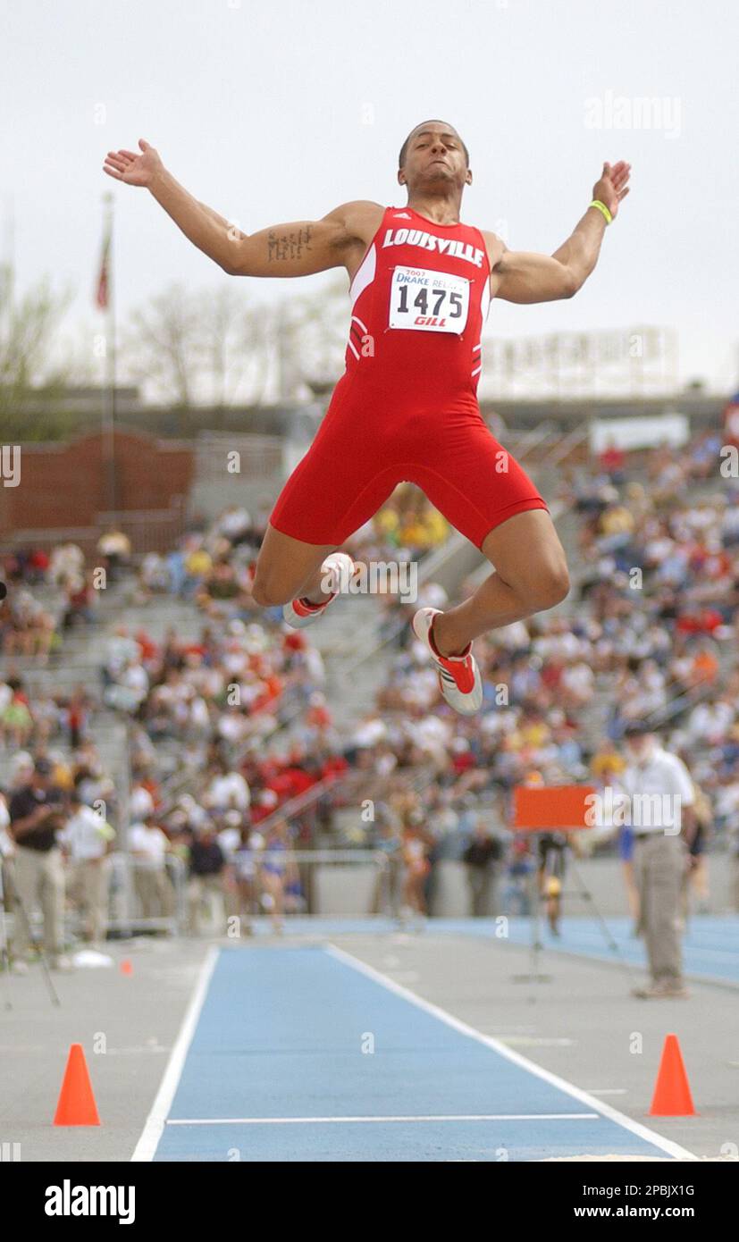 Louisville's Tone Belt makes his final jump in the men's long jump at