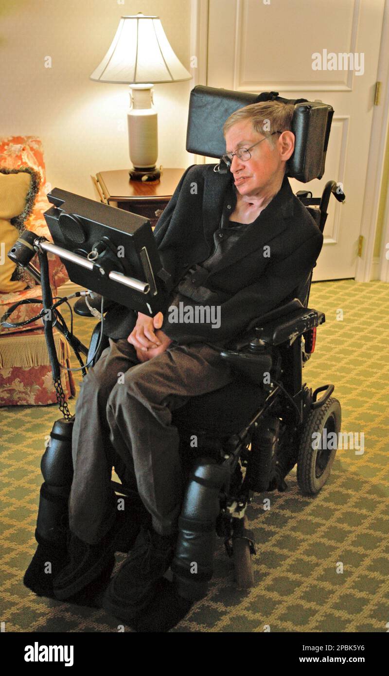 Astrophysicist Stephen Hawking answers questions on a computer attached to  his wheelchair, during an interview in Orlando, Fla., Tuesday, April 24,  2007. Hawking, 65, who has Lou Gehrig's disease, will go on