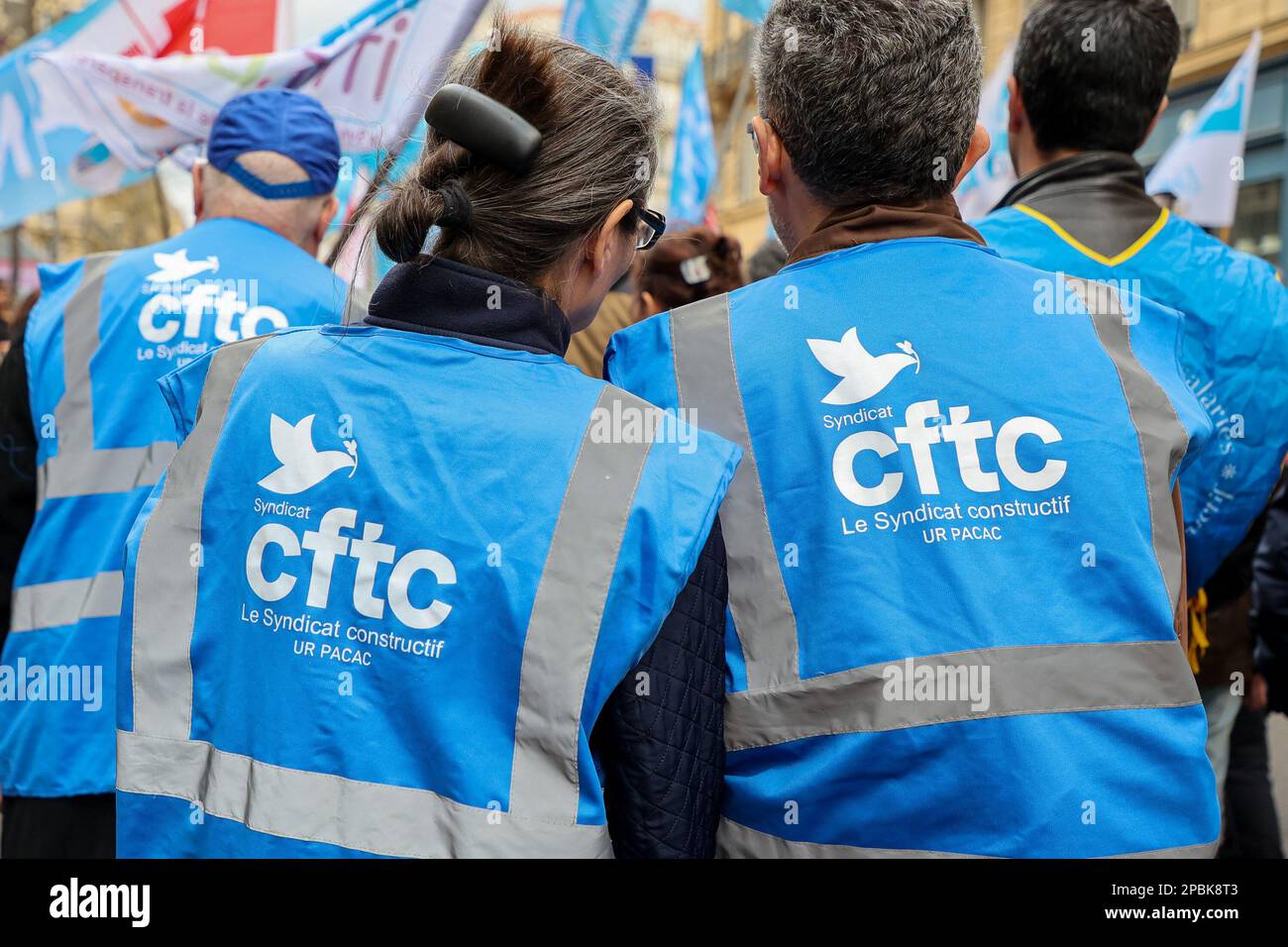 Demonstrators from the CFTC (French Confederation of Christian Workers) union wear vests tagged CFTC during the demonstration. French unions have called for a seventh day of action against the French government's pension reform that would raise the retirement age from 62 to 64. The police estimate, for this 7th day, the number of demonstrators marching in the streets of Marseilles at 7,000 while the unions estimate it at 80,000. The Ministry of the Interior reports 368,000 demonstrators in the streets of France, while the unions claim more than 1 million (Photo by Denis Thaust/SOPA Images/Si Stock Photo