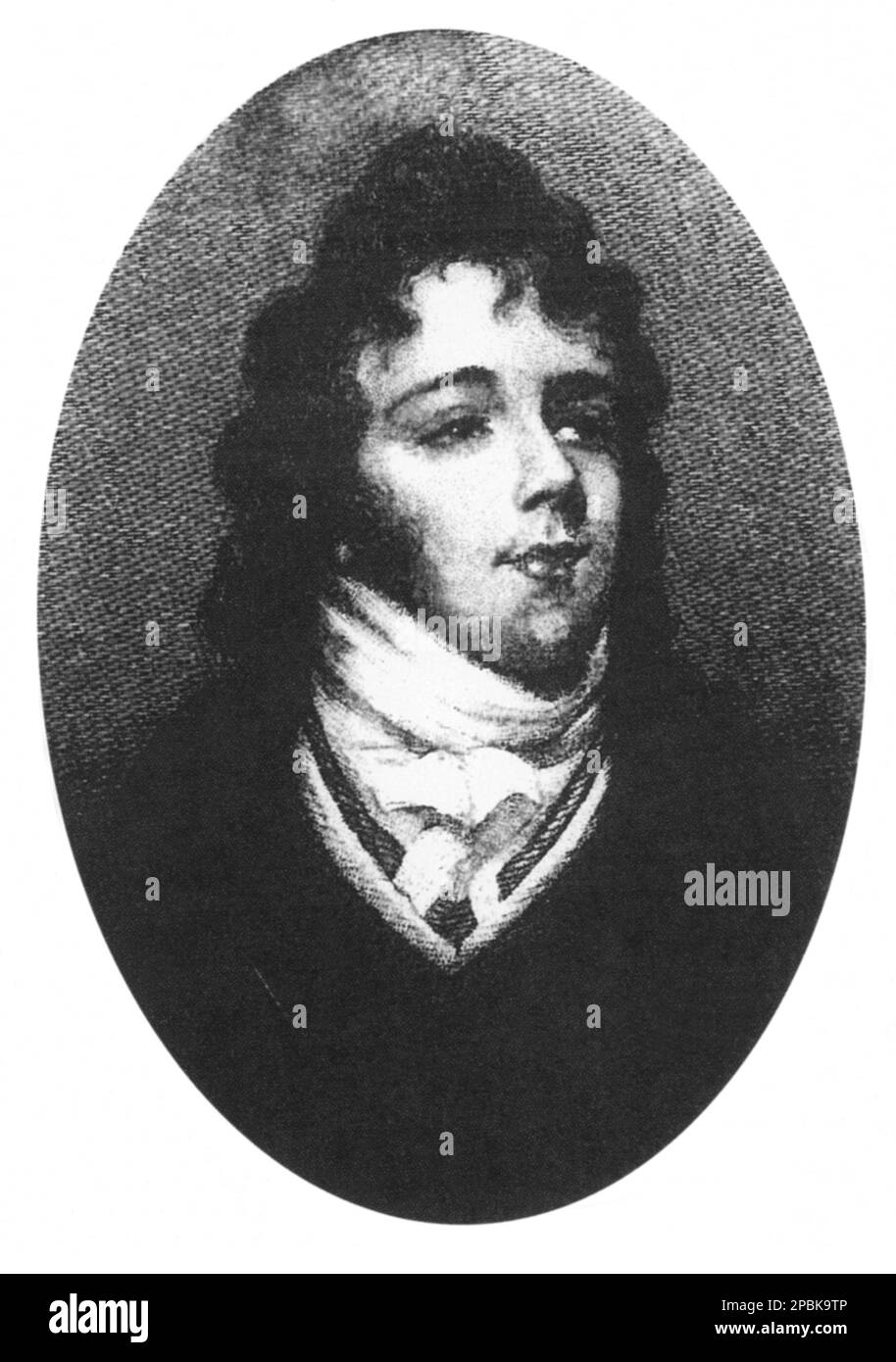 The british  BEAU BRUMMELL , born George Bryan Brummell ( 1778 - 1840 ). Was the arbiter of men's fashion in Regency England and a friend of the Prince Regent, the future King George IV of England . He established the mode of men wearing understated, but fitted, beautifully cut clothes including dark suits and full length trousers, adorned with an elaborately-knotted cravat .  Brummell is credited with introducing and establishing as fashion the modern man's suit, worn with a tie .  He claimed to take five hours to dress, and recommended that boots be polished with champagne .  His style of dr Stock Photo