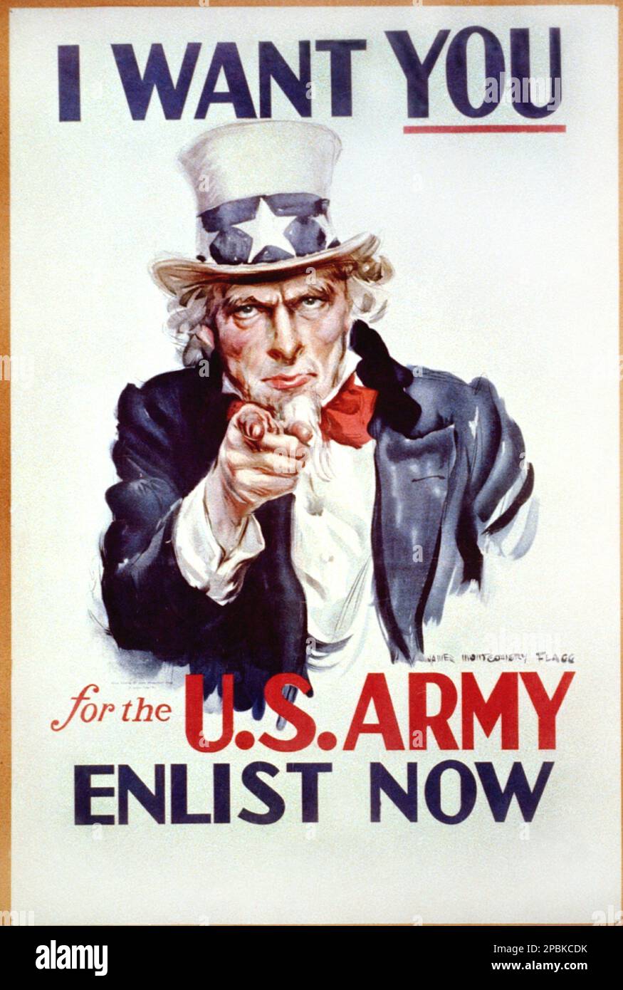 1941 , USA : The most celebrated american propaganda poster with UNCLE SAM ' I WANT YOU  FOR THE U.S. ARMY . ENLIST NOW ' by artist HOWARD CHANDLER CHRISTY ( 1873 - 1952 ) - WORLD WAR II - WWII - SECONDA GUERRA MONDIALE - foto storiche  storica - locandina - poster - enlisting - ESERCITO - engraving -  illustration - illustrazione  - HISTORY PHOTOS   - manifesto - AFFICHE -  campagna di RECLUTAMENTO TRUPPE - arruolamento - Zio Sam - top hat - cappello a cilindro - stars - stella - stelle - american flag - bandiera Stati Uniti d' America - beard - barba - white hair - capelli bianchi - CARTELLO Stock Photo