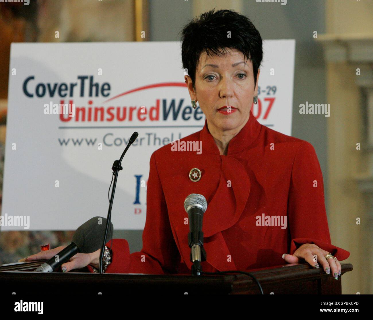 Oklahoma state Insurance Commissioner Kim Holland speaks during a news  conference in Oklahoma City, championing a newly created task force as a  way to determine the top needs for the more than