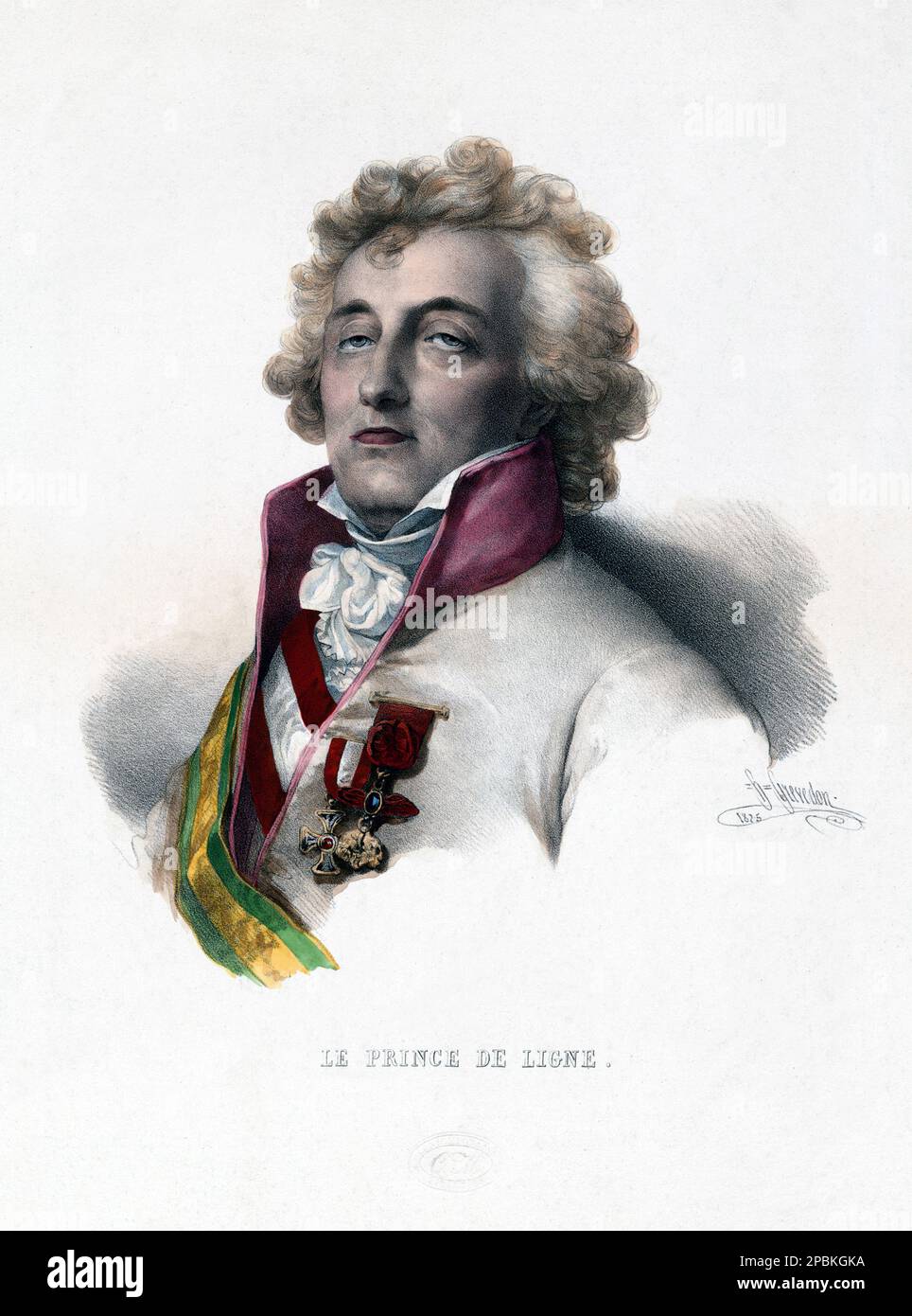 1825 , FRANCE :  The Prince Charles Joseph DE LIGNE ( 1735 - 1814 ). Portrait engraved by H. Grevedon .  Prince de Ligne pioneer of fly, who was on board the balloon 'La Fresselle,' Jan. 19, 1784, with Joseph Montgolfier and Pilâtre de Rozier . - FRANCE - FRANCIA - illustration - incisione - PORTRAIT - RITRATTO - NOBILITY - NOBILI - Nobiltà - collar - colletto - jabots - medals - medaglie - medaglia - PIONIERE DEL VOLO UMANO - Balloon - MONGOLFIERA - MONGOLFIERE - AERONAUTICA - AIRCRAFT -  Balloon ascensions - ASCENSIONISTA - ASCENSIONI IN PALLONE - ASCENSIONE  ----  Archivio GBB Stock Photo