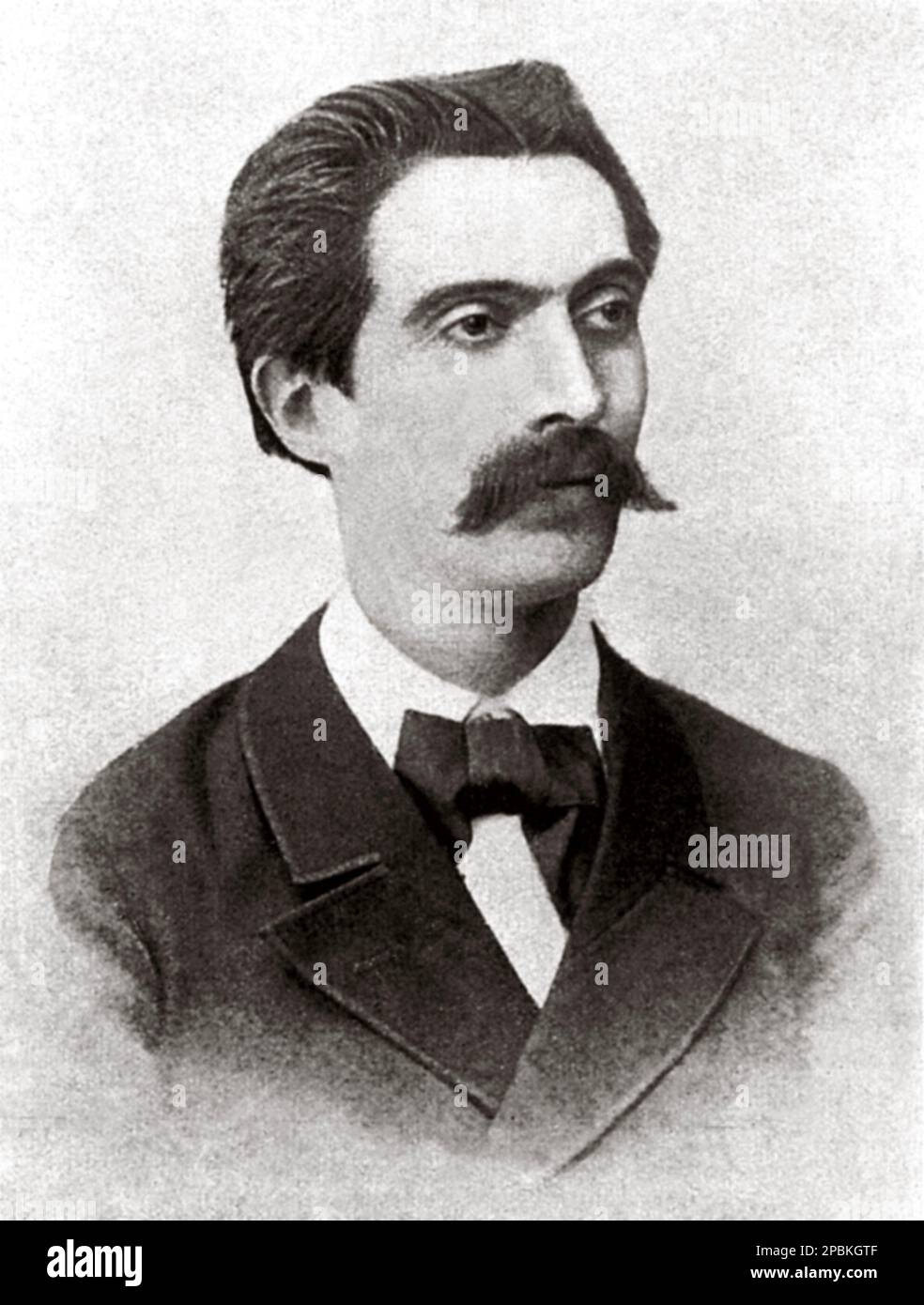 The italian writer EMILIO DE MARCHI (  1851 - 1901 ), inventor of italian Noir romance with the novel IL CAPPELLO DEL PRETE . - SCAPIGLIATURA MILANESE - portrait - ritratto  - collar - colletto - tie bow - cravatta - moustache - baffi - LETTERATO - SCRITTORE - LETTERATURA - Literature  - HISTORY - FOTO STORICHE  ----  Archivio GBB Stock Photo
