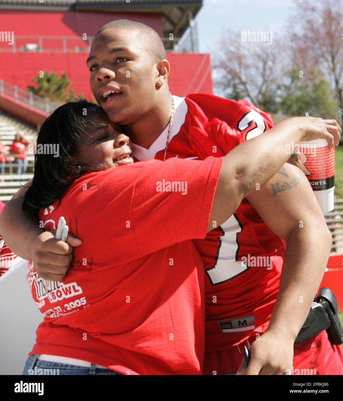 Rutgers running back Ray Rice embraces his mother, Janet Rice, after the  Scarlet-White spring football game Saturday, April 21, 2007, in Piscataway,  N.J. The Scarlet team defeated the White team 16-10. (AP