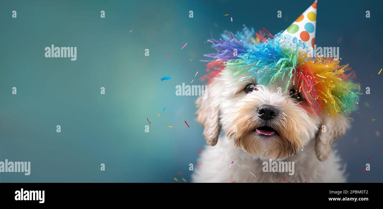 Cute little puppy in a party hat, portrait. Template for postcard, layout with copy space, print ready image. Concept of the holiday Stock Photo