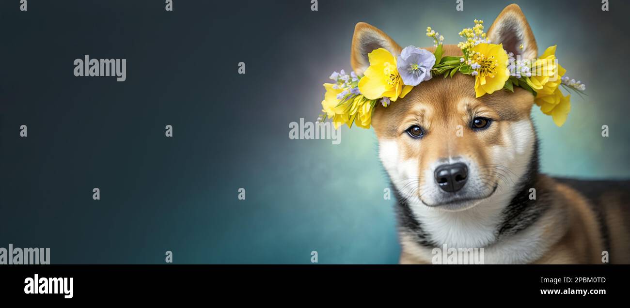 Cute fluffy Shiba Inu puppy with a wreath of flowers, portrait. Template for postcard, layout with copy space, print ready image Stock Photo