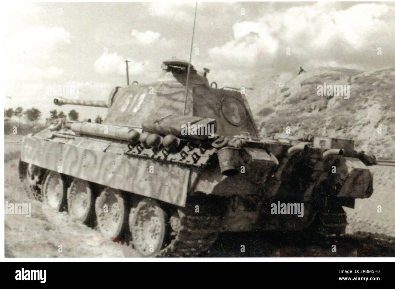 World War Two B&W photo A  German Panther Tank from the 5th SS Panzer Division Wiking in Eastern  Poland during the desperate German Offensives of 1944 Stock Photo