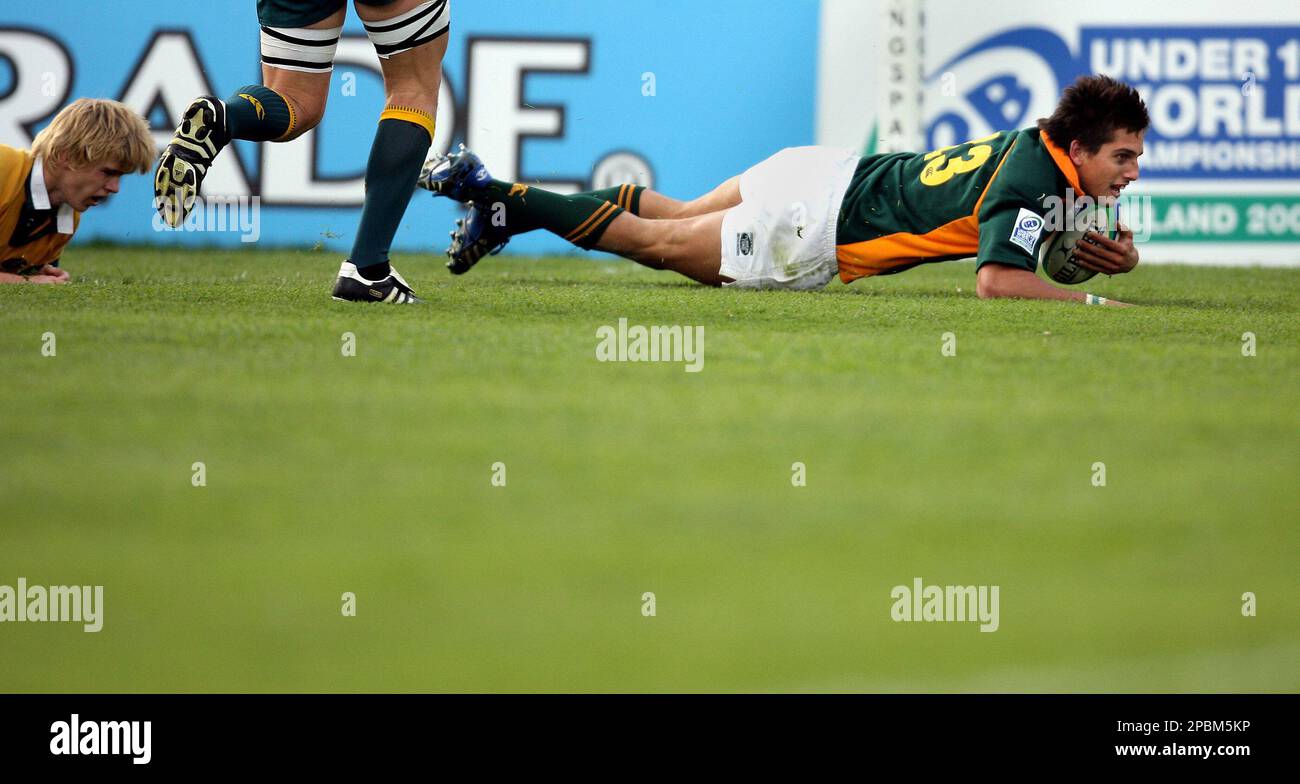 South Africas Stephan Dippenaar scores the last try of the game to defeat Australia in the Under 19 Rugby Union World Cup Semi Final at Ravenhill, Belfast, Northern Ireland, Tuesday, April, 17,