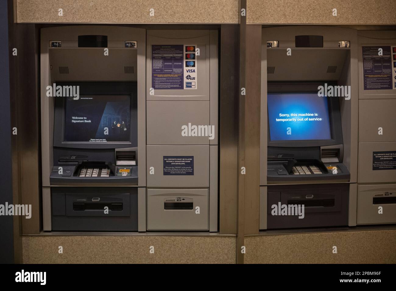 Brooklyn, New York, USA 12 Mar 2023. Signature bank cash machines, one