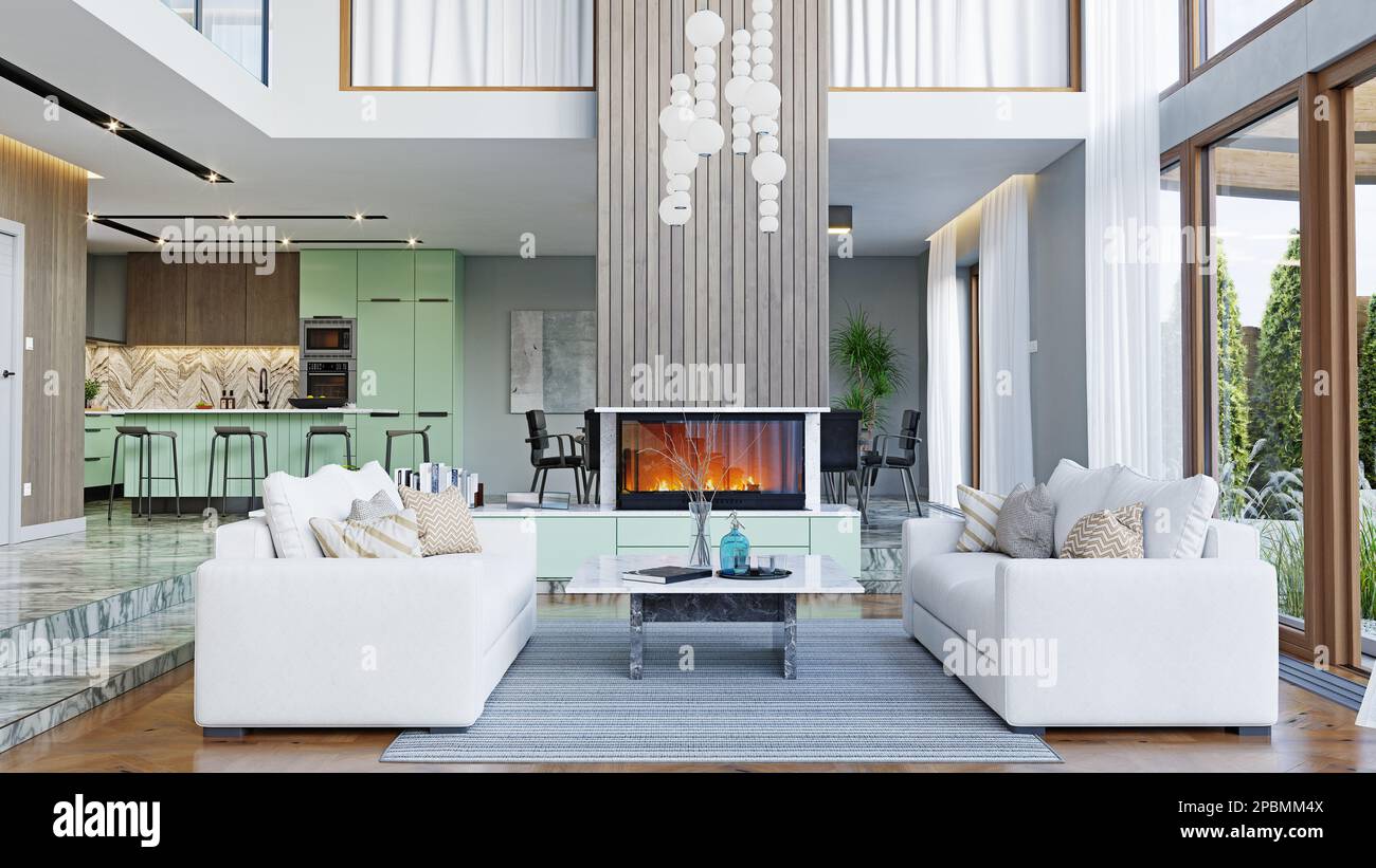 Modern living interior. 3d design concept illustration Stock Photo - Alamy