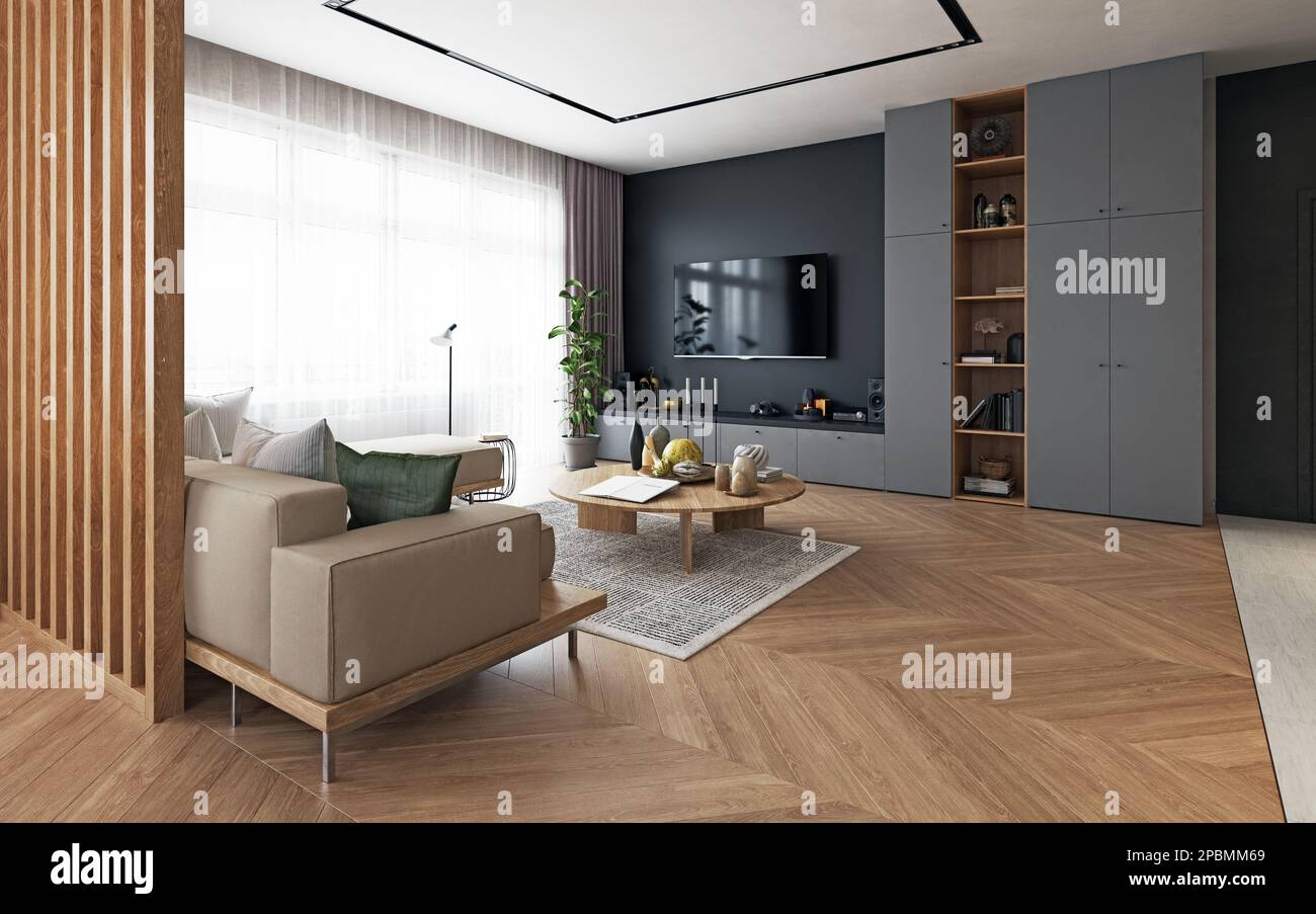 Modern living interior. 3d design concept illustration Stock Photo - Alamy