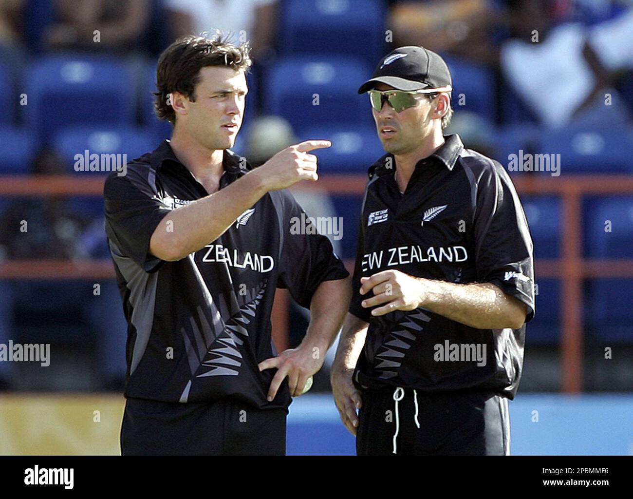New Zealand's Stephen Fleming, right and James Franklin converse during the  Super Eight Cricket World Cup match in St. George's, Grenada, Thursday  April 12, 2007. (AP Photo/Aman Sharma Stock Photo - Alamy