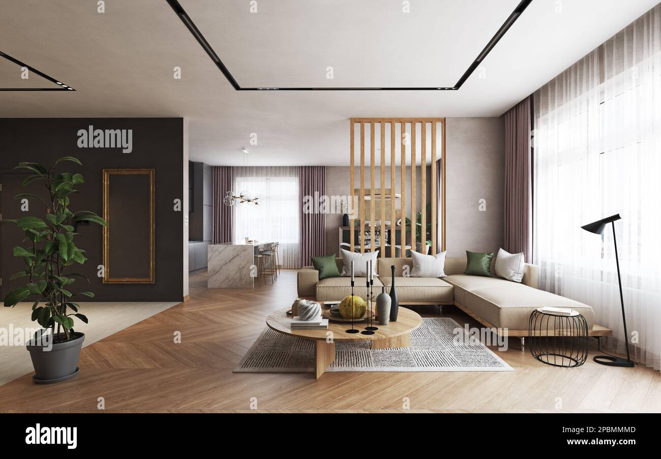 Modern living interior. 3d design concept illustration Stock Photo - Alamy