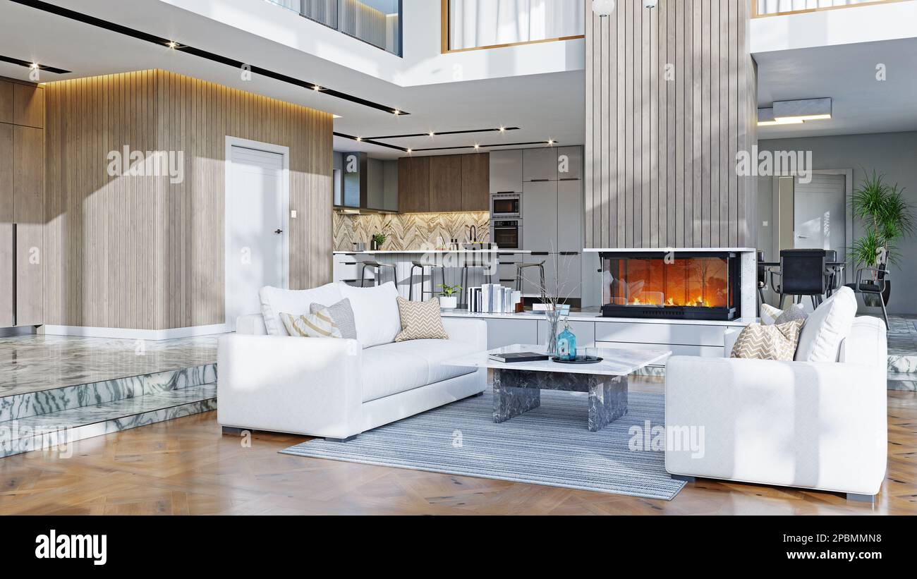Modern living interior. 3d design concept illustration Stock Photo - Alamy