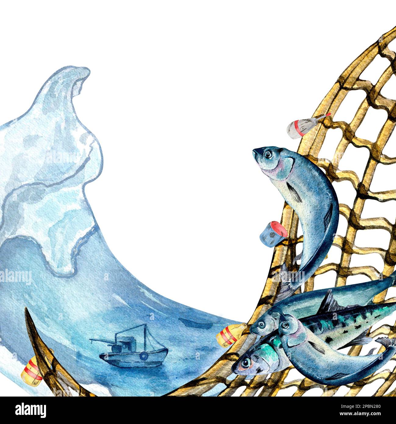Composition of herring and fishnet watercolor illustration