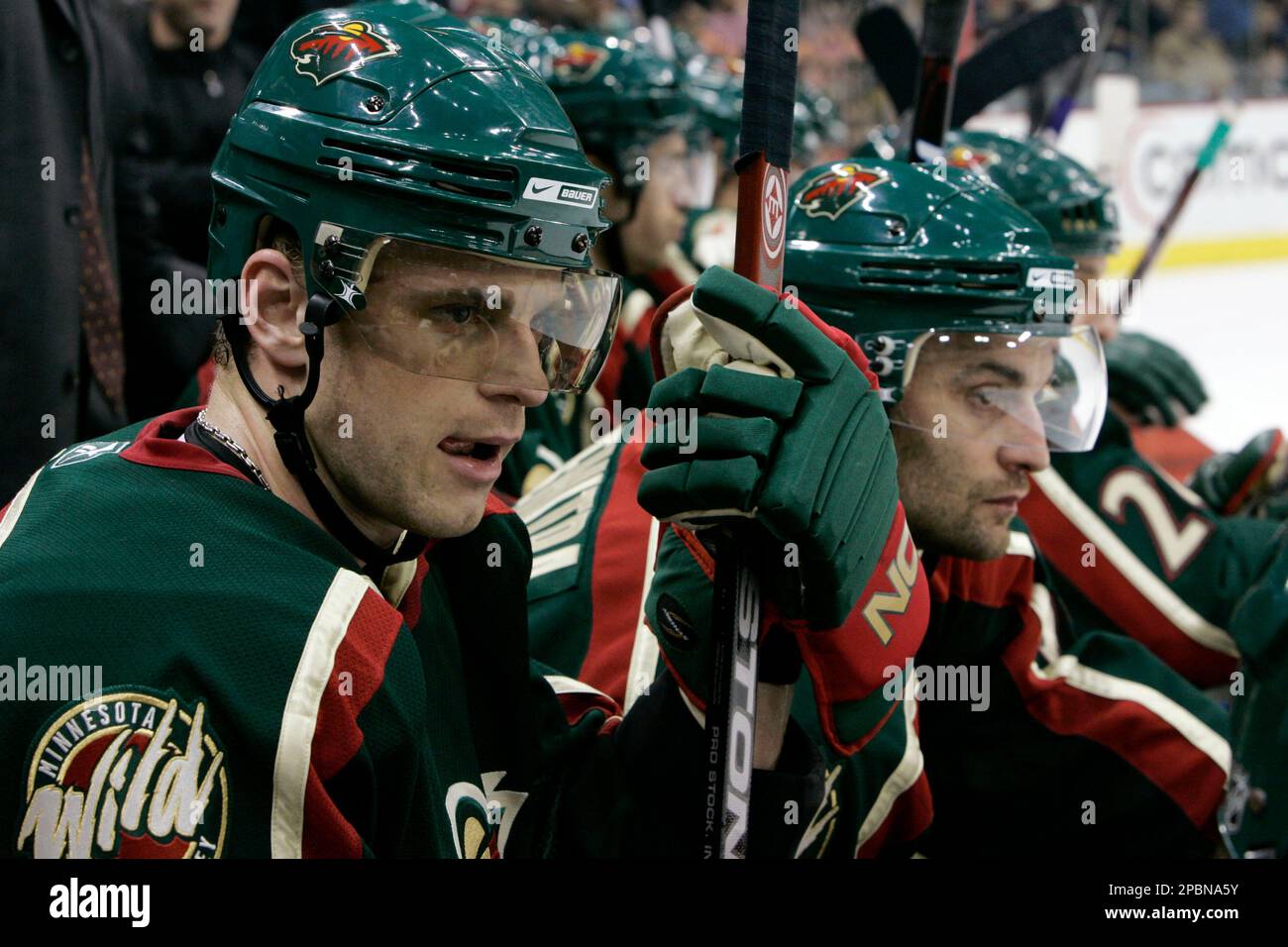 Minnesota Wild right wing Marian Gaborik, left, of Slovakia, and teammate Pavol Demitra, right, of Slovakia, watch from the bench during the third period of an NHL hockey game against the Edmonton