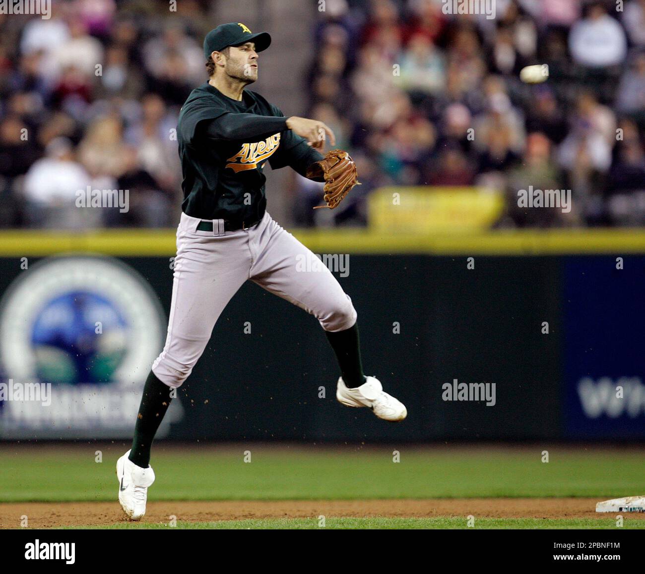 Oakland Athletics shortstop Bobby Crosby throws to first on a grounder from  Seattle Mariners' Jose Guillen in the second inning at a baseball game,  Wednesday, April 4, 2007, in Seattle. Guillen was