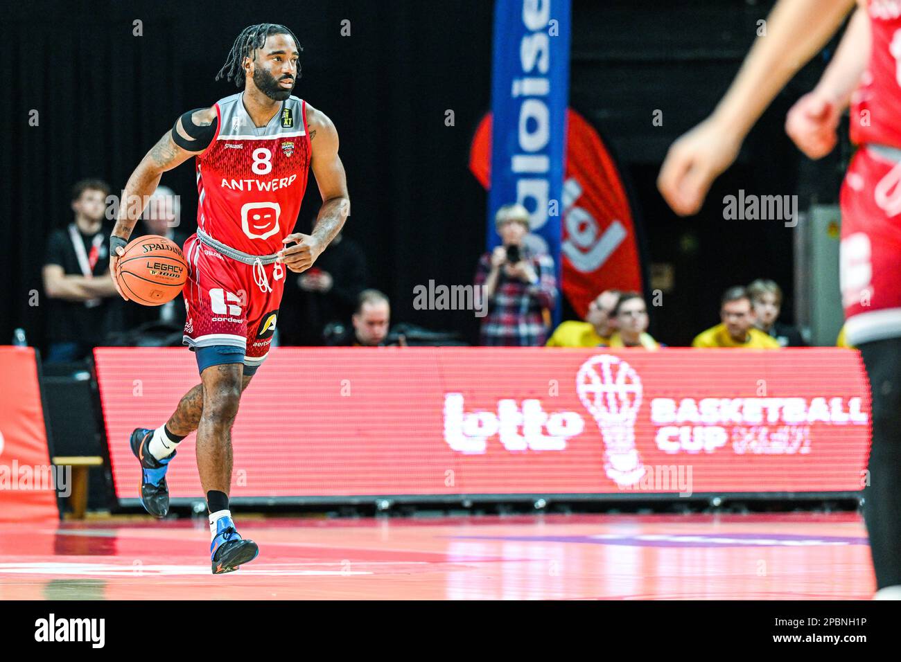 Belgium . 12/03/2023, Desonta Bradford of Antwerp pictured during a basketball game between