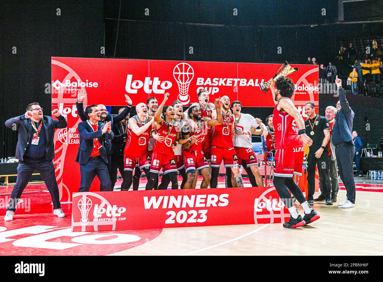 Belgium . 12/03/2023, Cup Winner Team BC Antwerp and the trophee pictured after a basketball