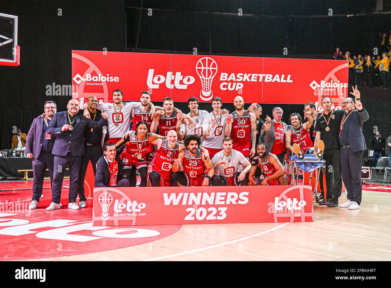 Belgium . 12/03/2023, Cup winner BC Antwerp pictured after a basketball