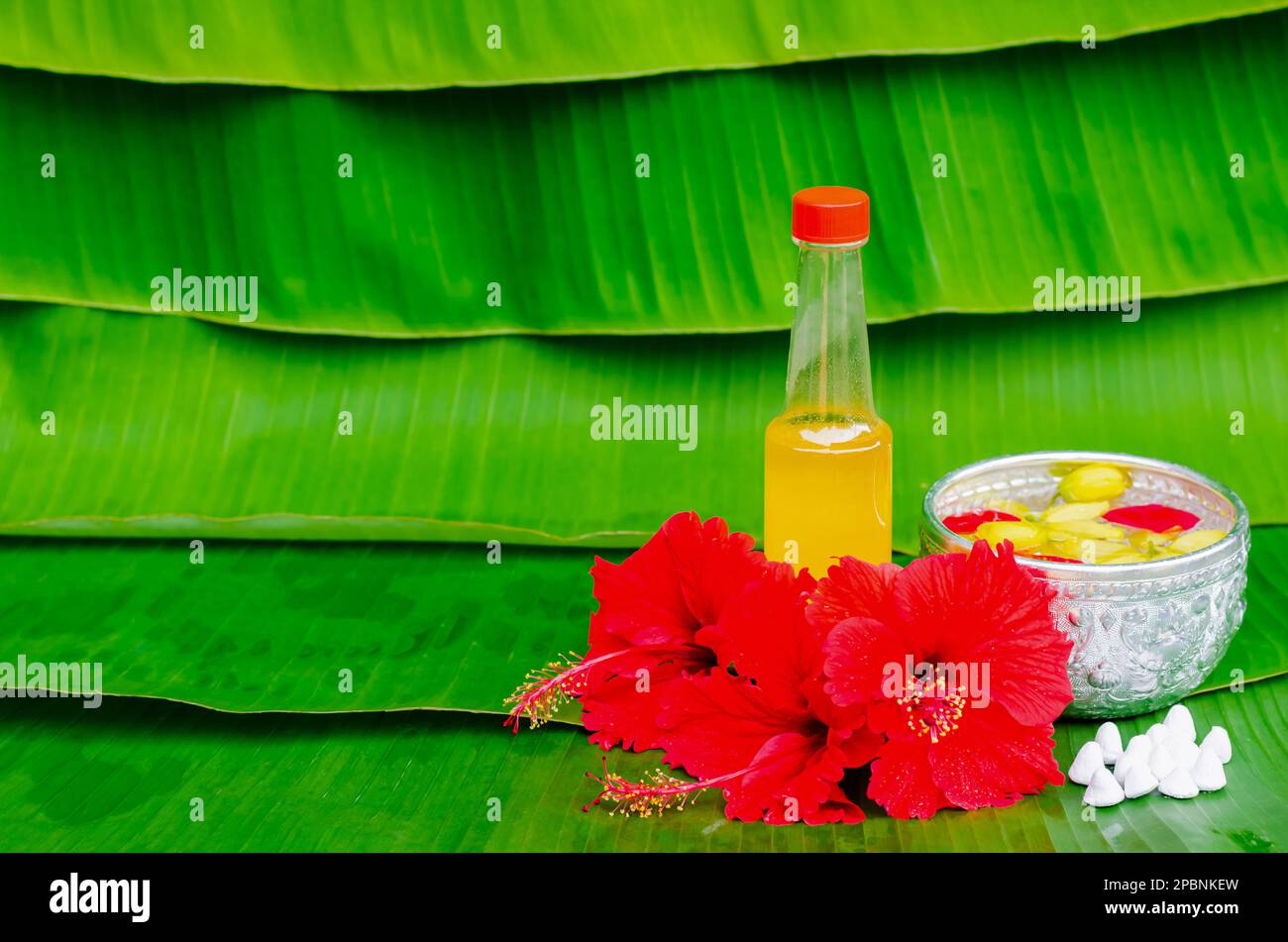 Songkran festival background with scented water, marly limestone and