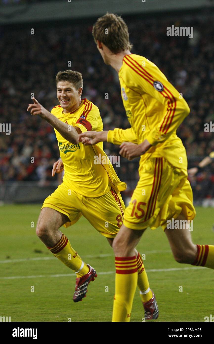 Liverpool s Steven Gerrard left celebrates his goal scored