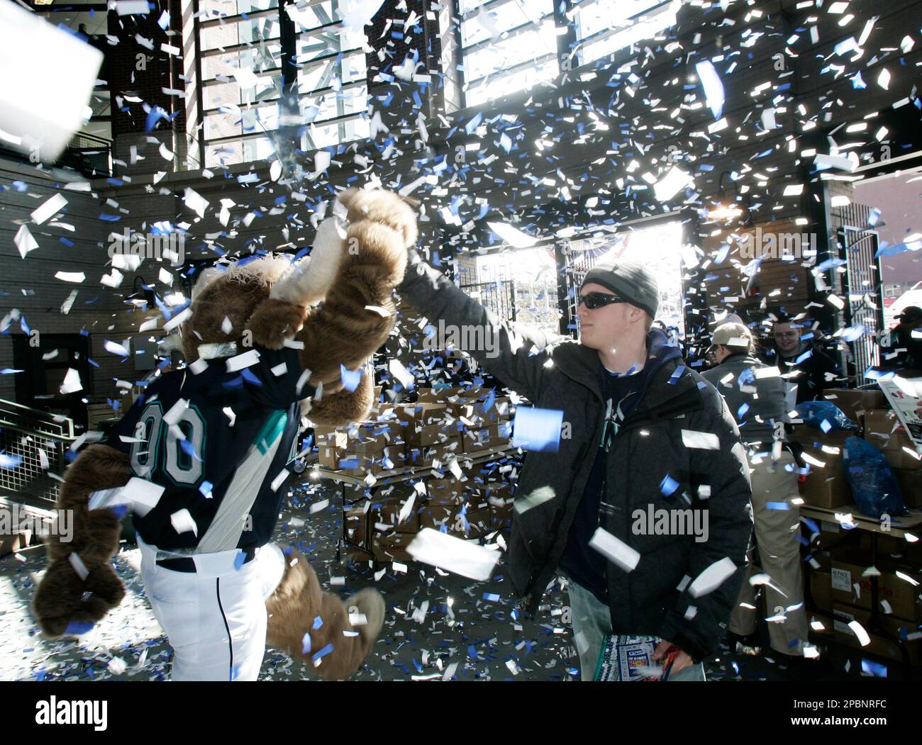 The Mariner Moose one of the first fans through the gate as