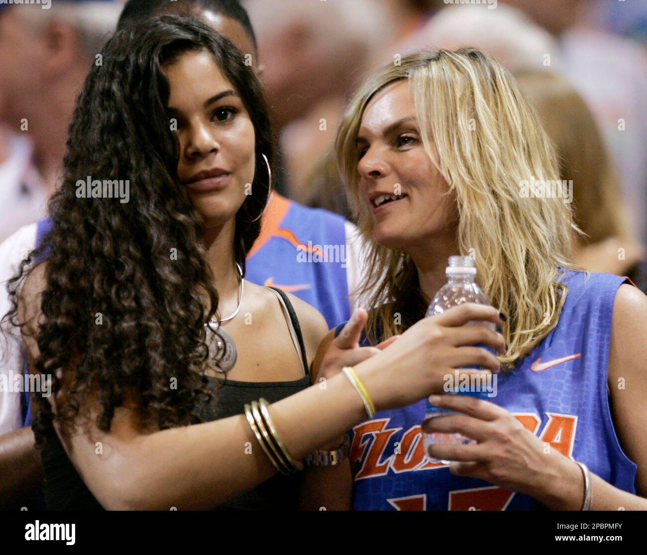 Cecilia Rodhe, right, mother of Florida's Joakim Noah, and sister Yelena  Noah watch first-half action of the NCAA Midwest Regional final basketball  game against Oregon in St. Louis, Sunday, March 25, 2007. (