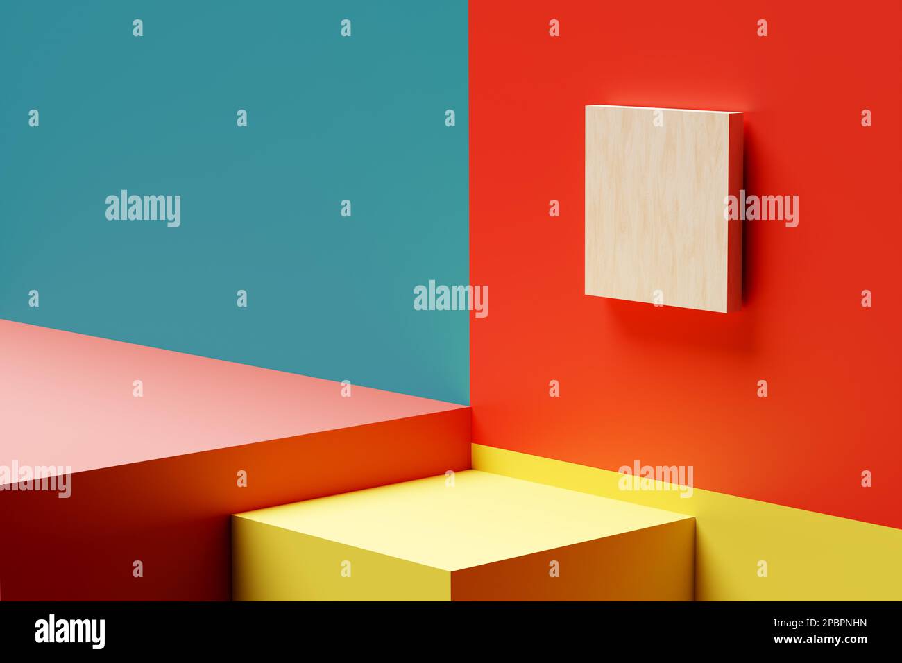 Abstract art exhibition gallery interior with a wooden canvas poster