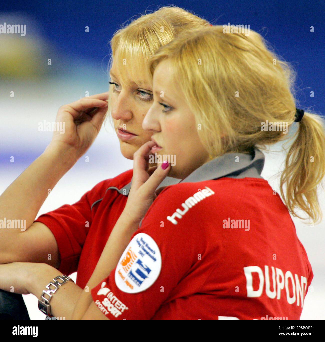 Team Denmarks Denise Dupont, left, and Madeleine Dupont watch a stone during their play off match against Canada at the Womens World Curling Championship, in Aomori, northern Japan Saturday, March 24, 2007
