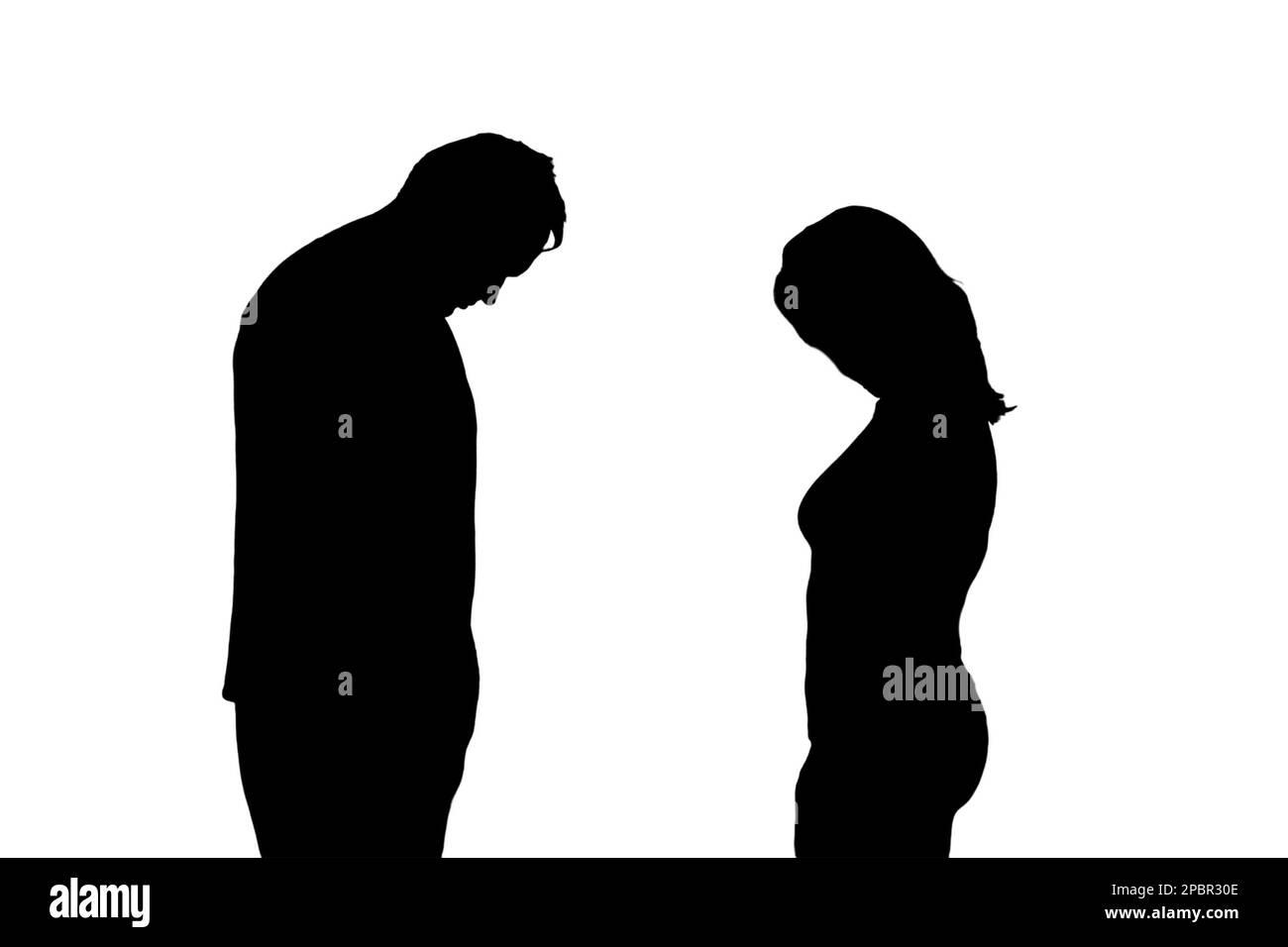 Silhouette of sad man and woman, isolated on a white background ...