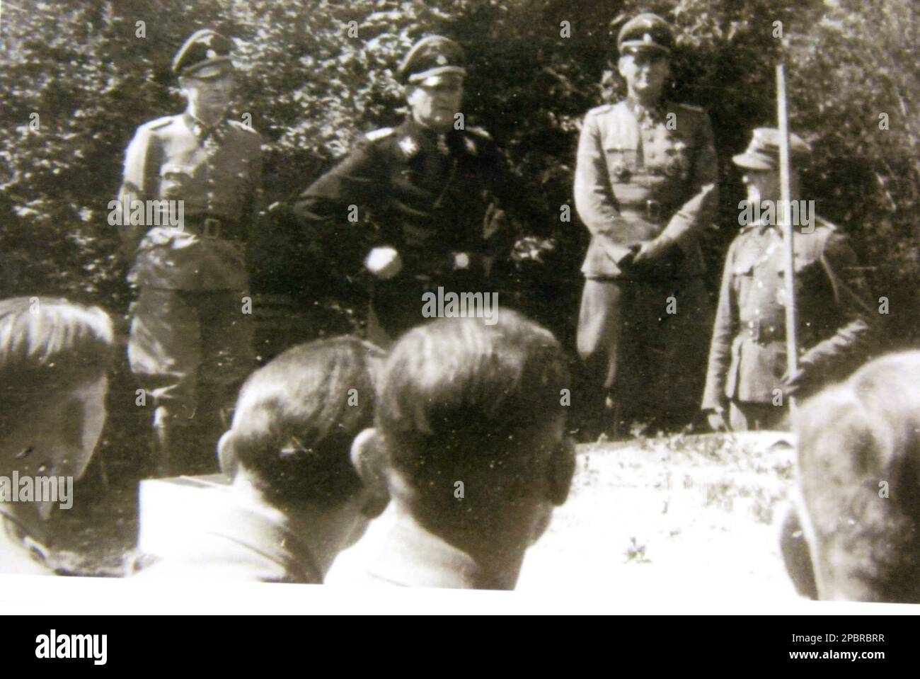 World War Two B&W photo Senior Waffen SS Officers ,Sepp Dietrich , and Albert Frey on the right on the left is I think Otto Kumm this photo is from a Veterans personal collection Stock Photo