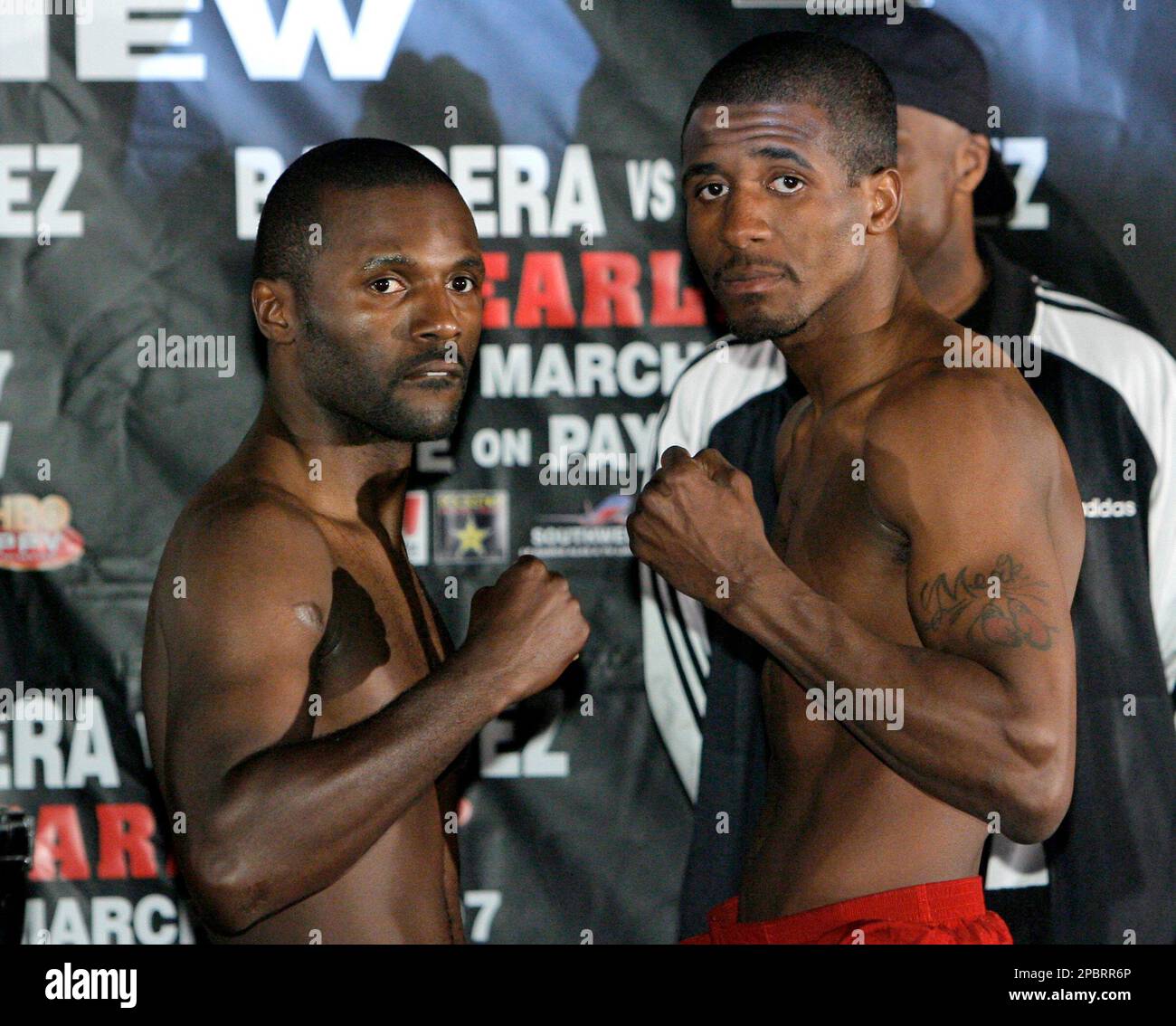 Demetrius Hopkins, right, poses for photos with Steve Forbes during an  official weigh-in ceremony in Las Vegas on Friday, March 16, 2007. The pair  will fight in a Jr. welterweight boxing match