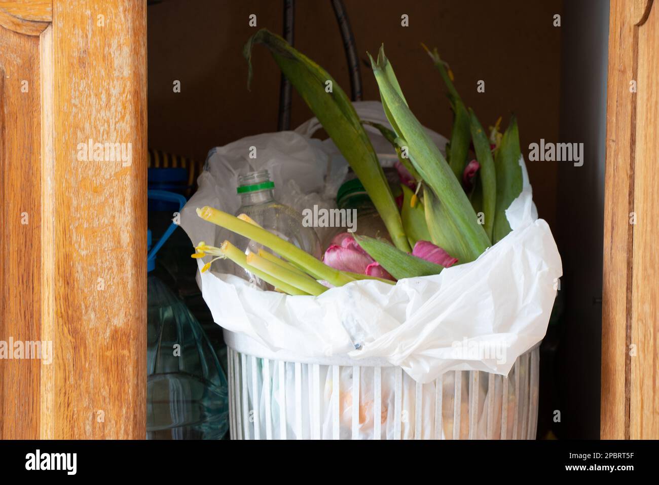 Garbage bin with unsorted garbage in the closet in the kitchen in the apartment, garbage bin Stock Photo