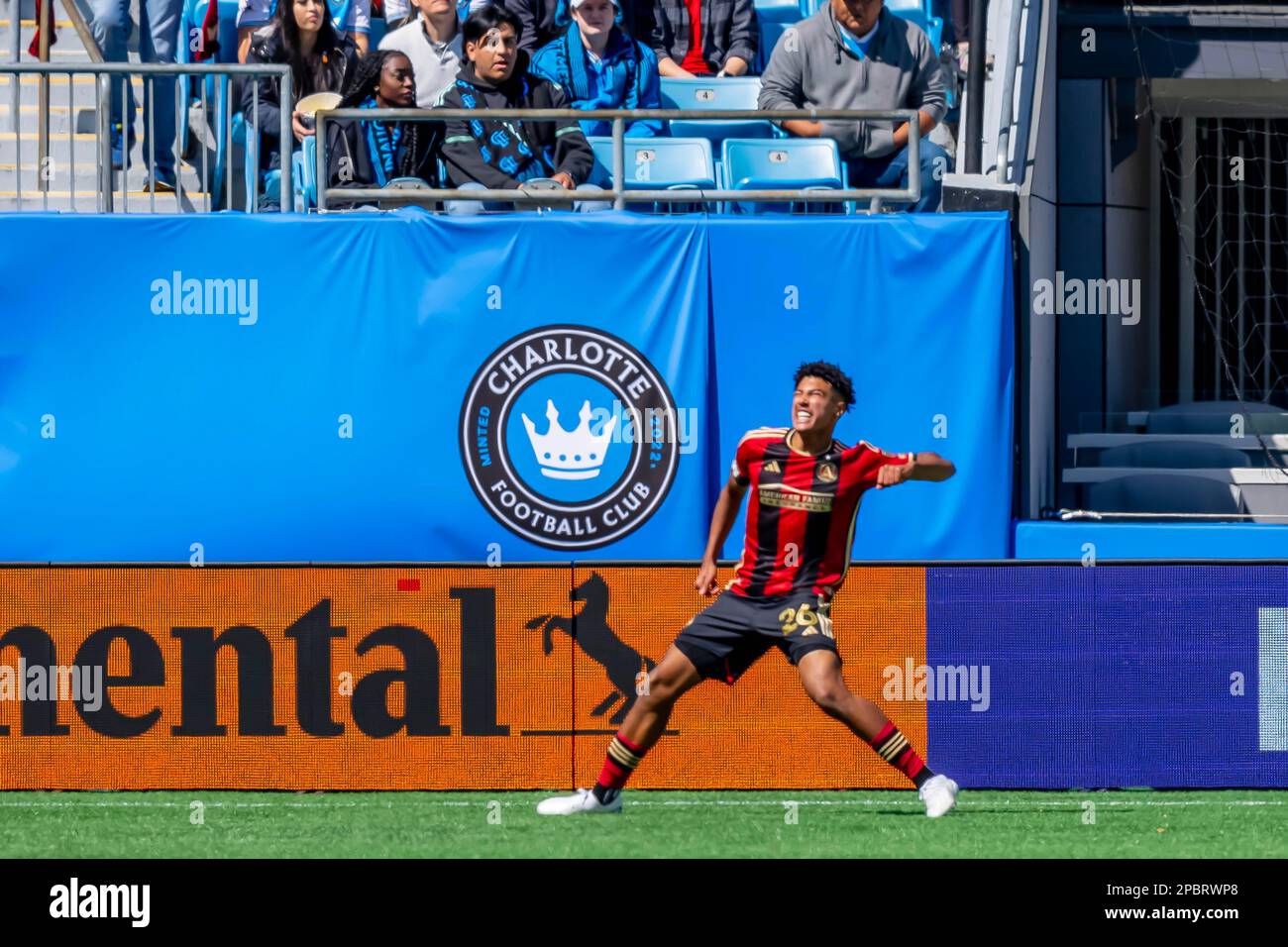 Charlotte, North Carolina, USA. 11th Mar, 2023. Atlanta Union FC Defender CALEB WILEY (USA) celebrates after he scores a goal against the Charlotte FC at the Bank of America Stadium in Charlotte, North Carolina, USA. Atlanta FC wins the match, 3-0. (Credit Image: © Walter G. Arce Sr./ZUMA Press Wire) EDITORIAL USAGE ONLY! Not for Commercial USAGE! Stock Photo