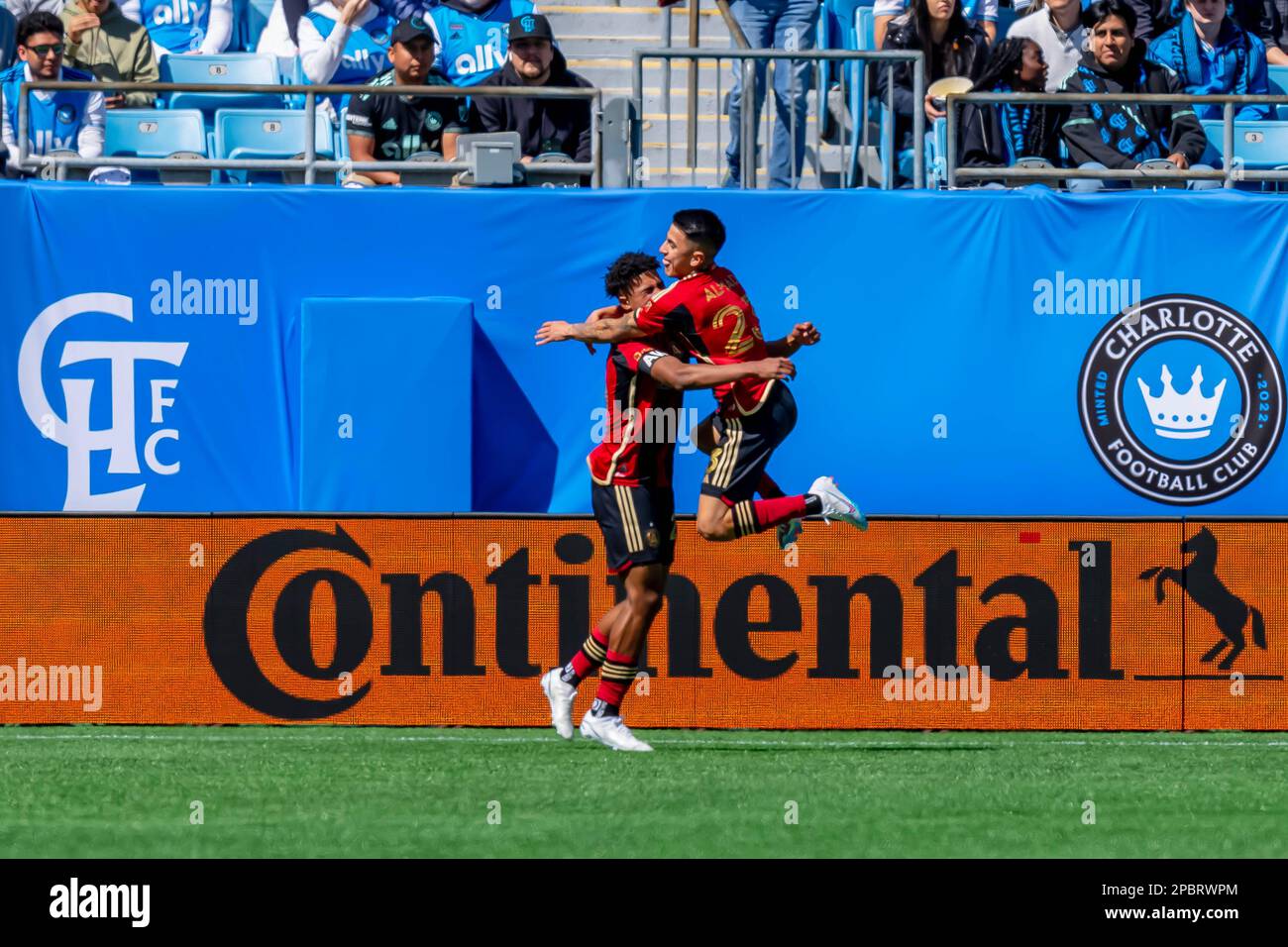 Charlotte, North Carolina, USA. 11th Mar, 2023. Atlanta Union FC Defender CALEB WILEY (USA) celebrates after he scores a goal against the Charlotte FC at the Bank of America Stadium in Charlotte, North Carolina, USA. Atlanta FC wins the match, 3-0. (Credit Image: © Walter G. Arce Sr./ZUMA Press Wire) EDITORIAL USAGE ONLY! Not for Commercial USAGE! Stock Photo