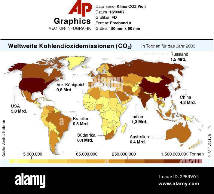 GRA103 GRAFIK KLIMA CO2 WELT - Weltkarte mit Einfaerbung der Laender ...