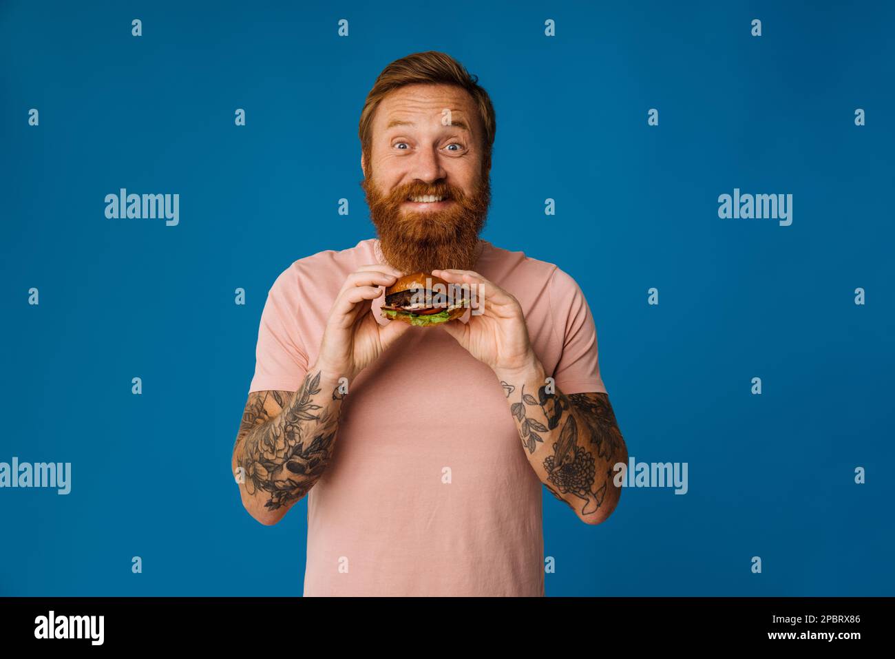 White hungry bearded man eating burger isolated on blue background Stock Photo