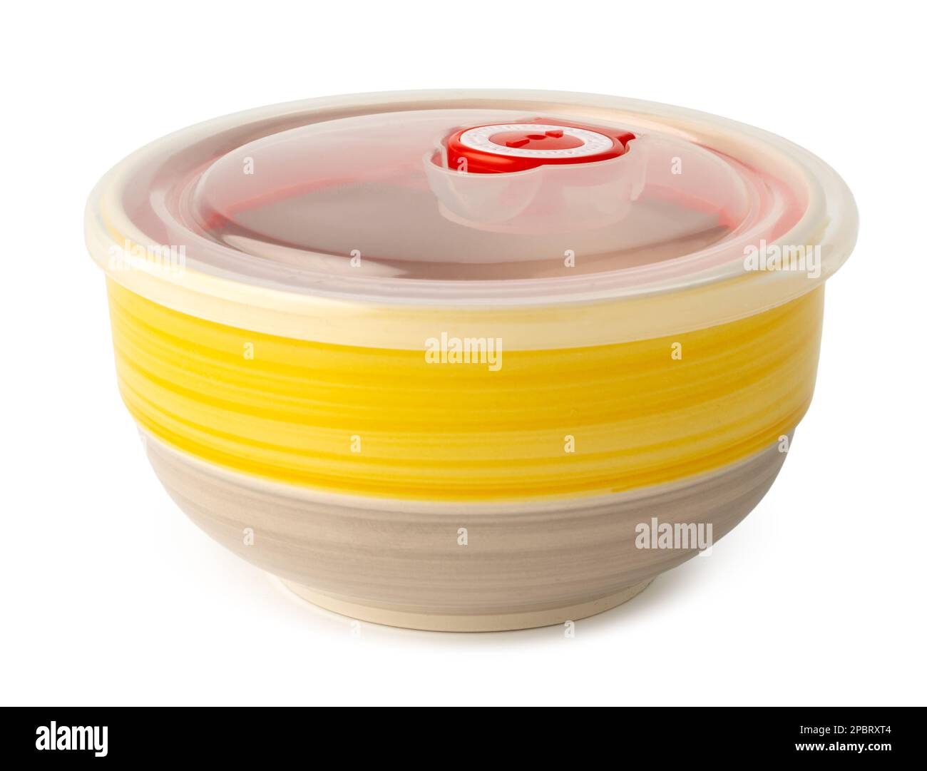Ceramic bowl with plastic lid on white background Stock Photo Alamy