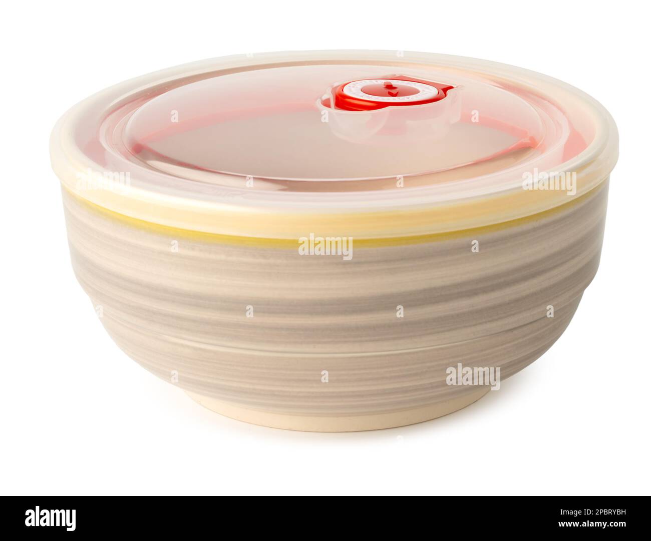 Ceramic bowl with plastic lid on white background Stock Photo Alamy