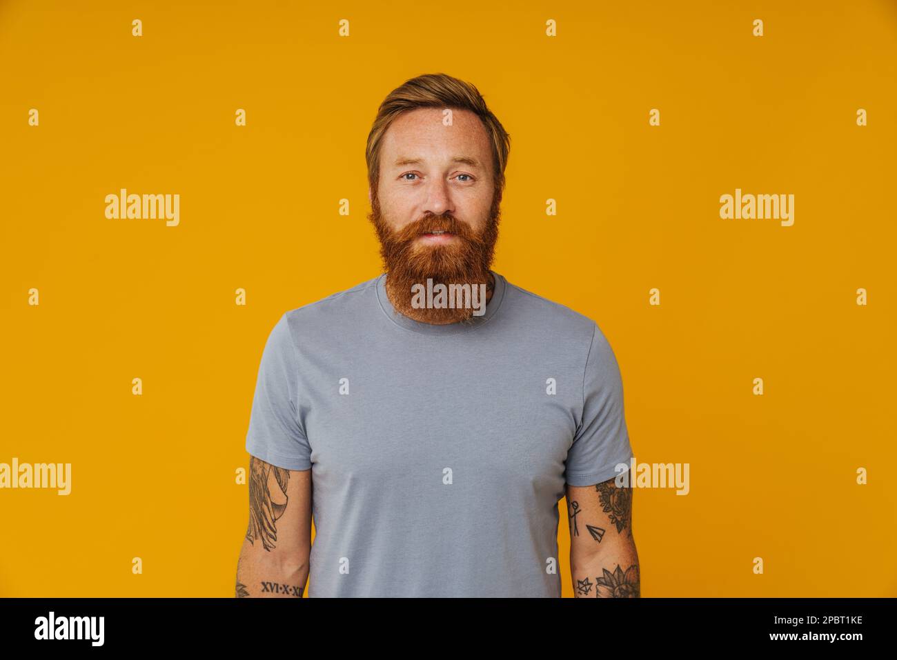 Bearded happy man posing at camera while standing isolated over yellow background Stock Photo