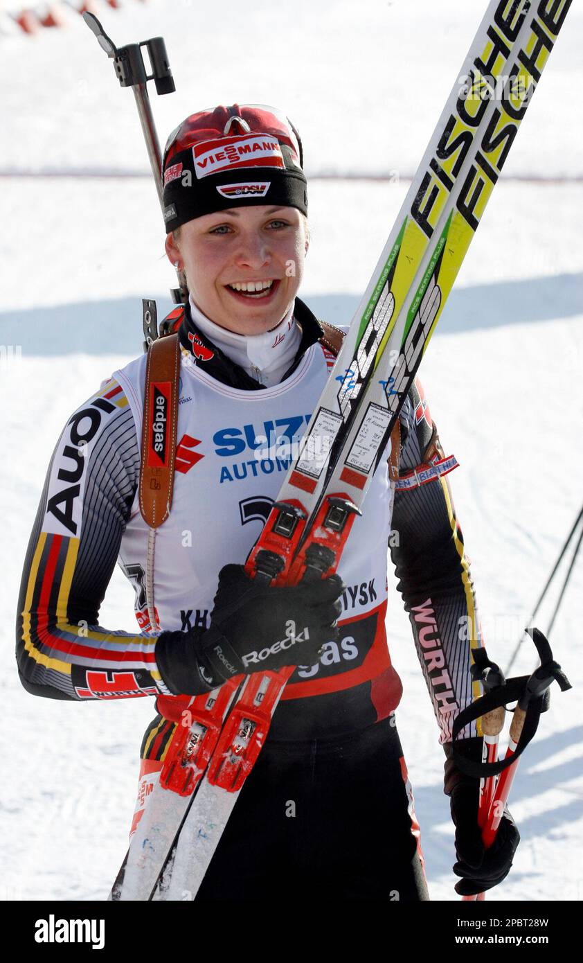 Winner Magdalena Neuner, of Germany, smiles after her finish in the womens 7.5 km sprint at the Biathlon World Cup Final at Khanty-Mansiysk, 2759 km North-East of Moscow, Russia, Thursday, March