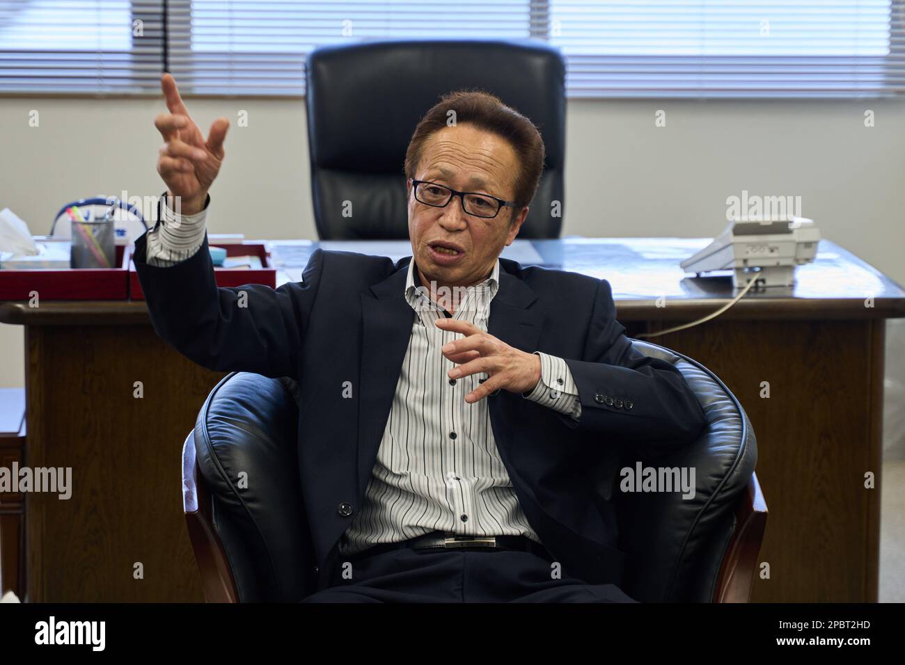 (230313) -- FUKUSHIMA, March 13, 2023 (Xinhua) -- Toshimitsu Konno, head of Fukushima prefecture's Soma Futaba Fisheries Cooperative Association, gives an interview in Soma City, Fukushima Prefecture, Japan, March 8, 2023. Struck by a magnitude-9.0 earthquake and ensuing tsunami that hit Japan's northeast on March 11, 2011, the power plant suffered core meltdowns, resulting in a level-7 nuclear accident, the highest on the International Nuclear and Radiological Event Scale. Twelve years after the 2011 accident traumatized Fukushima's fishing industry, local fishermen are still struggling for Stock Photo